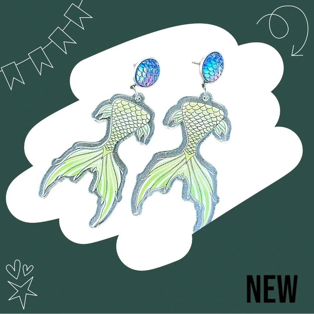 New Relief Double-sided Sparkling Multi-color Mermaid Fishtail Acrylic Earrings - Picture 7 of 8